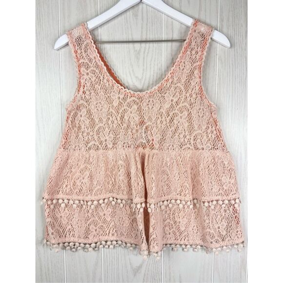 Free People Tops - Free People Women's Pink Daydream Baby Doll Boho Crochet Lace Tank Top Small